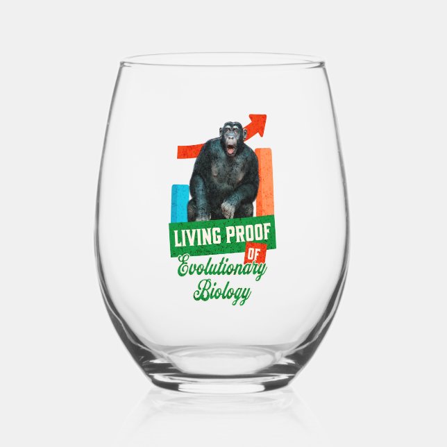 Funny Evolutionary Biology Chimp Humour Stemless Wine Glass (Front)