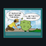 Funny Extreme Cache Geocaching Cartoon Custom Postcard<br><div class="desc">This funny geocaching design postcard has a cartoon with a geocacher reaching and saying, "It should be behind this bush. I'll be the FTF. Woo-hoo!" On the other side of the bush is a smiling alligator. Click customise to change the background colour. Makes a funny gift for your extreme geocaching...</div>