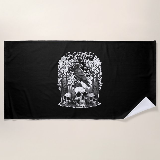 Funny F Caw F Raven Halloween Beach Towel (Front)