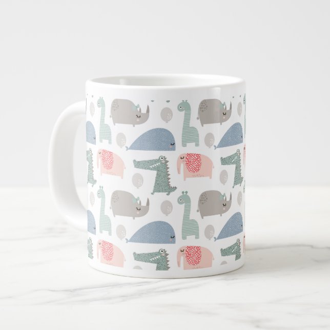 Funny Face Cute Doodle Animal Pattern Large Coffee Mug (Front Left)