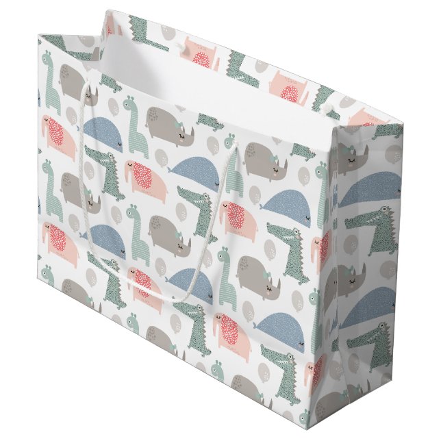 Funny Face Cute Doodle Animal Pattern Large Gift Bag (Front Angled)