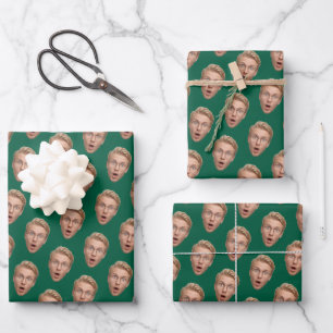 Funny Face Green Custom Photo Birthday Wrapping Paper Sheet