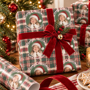 Funny Face Photo Tartan Merry Christmas Red Green Wrapping Paper