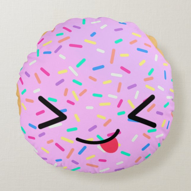 Funny Face Pink Doughnut Round Throw Pillow (Front)