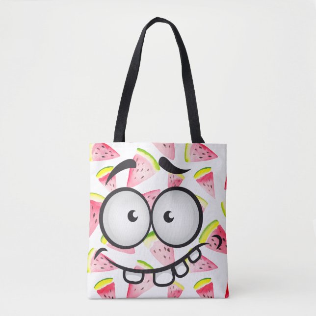Funny face smiling colourful pattern watermelon tote bag (Front)