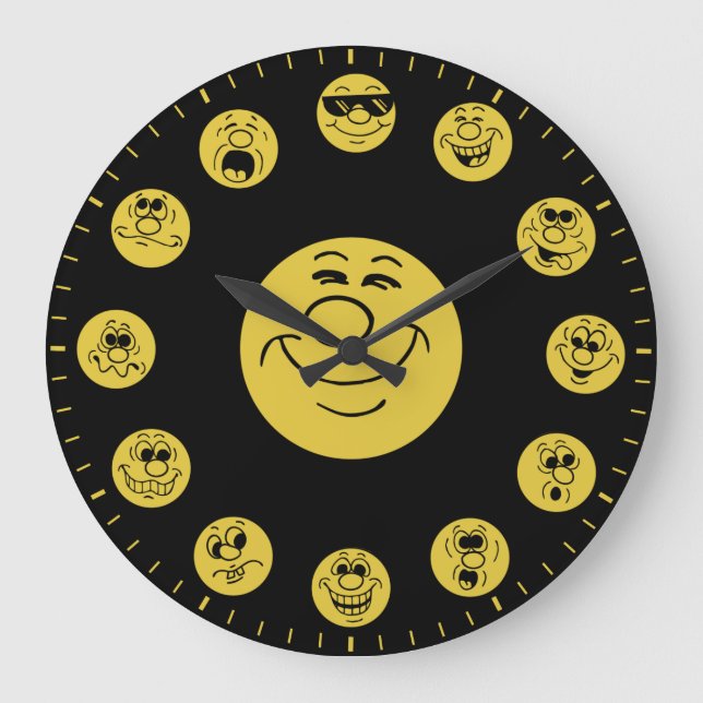 Funny Faces & Expressions in Gold Emoji's Large Clock (Front)