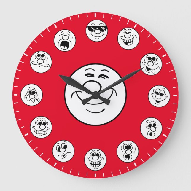 Funny Faces & Expressions in White Emoji's Large Clock (Front)