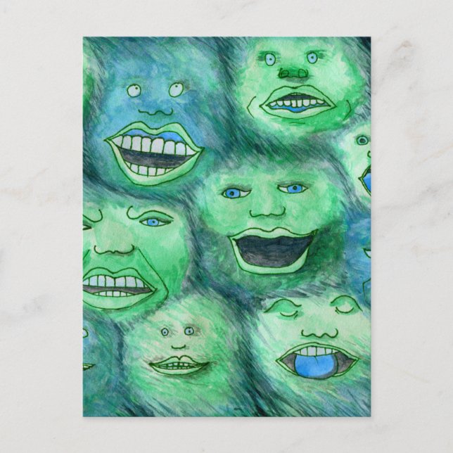 Funny Faces. Fun Cartoon Monsters. Green. Postcard (Front)