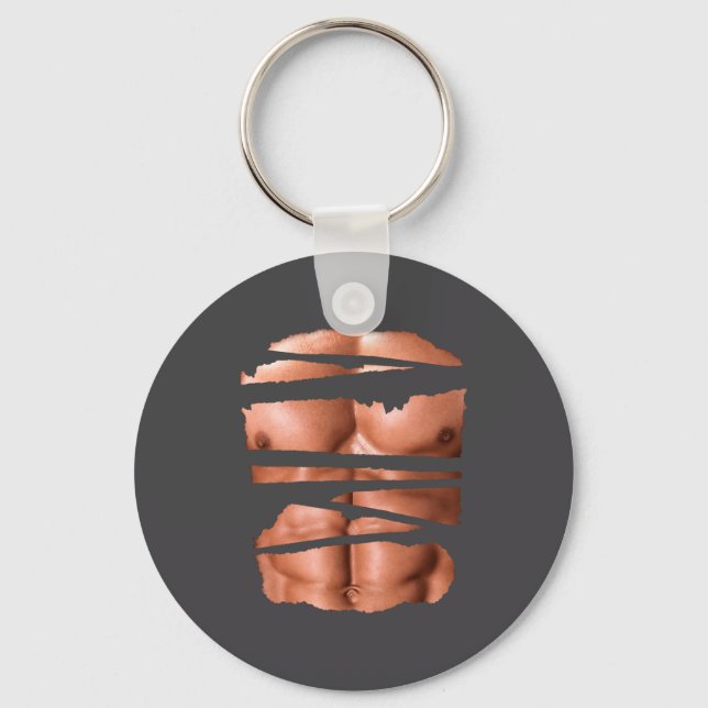 Funny Fake Muscles Fitness Model Chest Six Pack Ab Key Ring (Front)