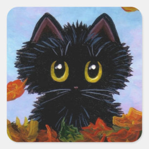 Funny Fall Autumn Black Cat Creationarts Square Sticker