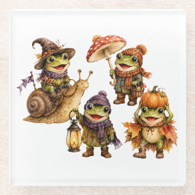 Funny Fall Frogs Glass Coaster (Front)