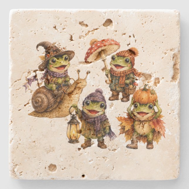 Funny Fall Frogs Stone Coaster (Front)