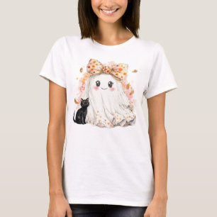 Funny Fall Ghost Holding Black cat Halloween T-Shirt