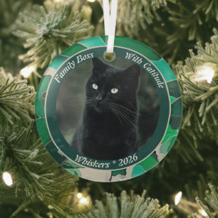 Funny Family Personalised Cat Photo  Glass Tree Decoration