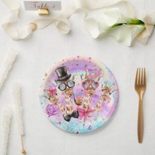 Funny Fantasy Giraffes in the Cotton Candy Clouds Paper Plate