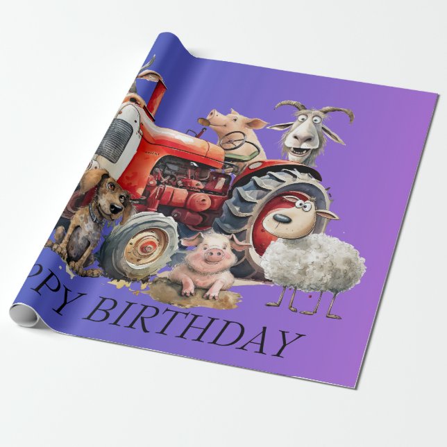Funny Farm Animals & Tractor. Editable Wrapping Paper (Unrolled)