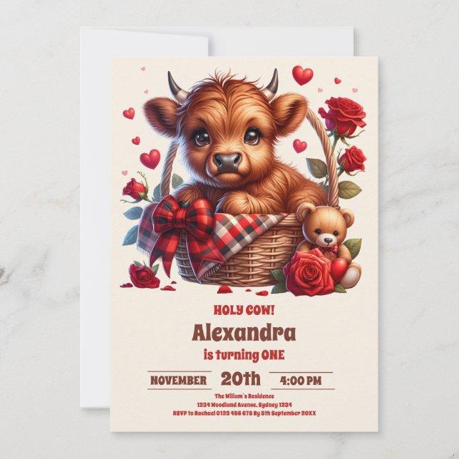 Funny Farm Holy Cow Highland 1st Birthday Invitation (Front)