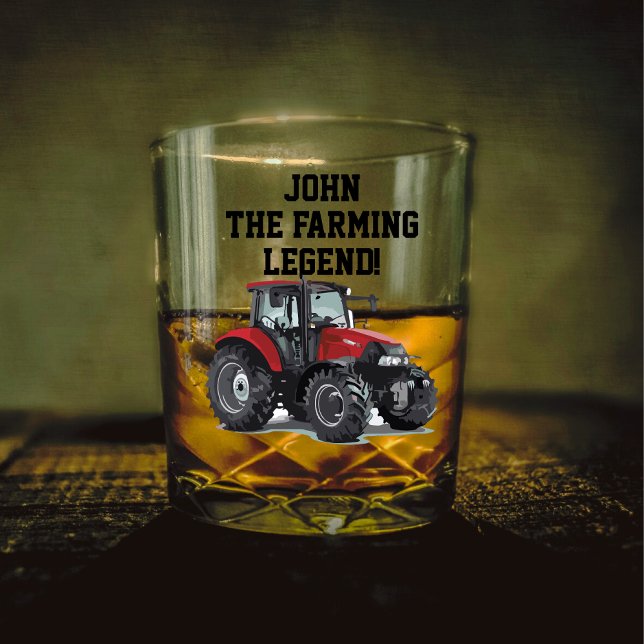 Funny Farm Tractor Heavy Equipment Operator Whiskey Glass (Red tractor Whiskey Glass The Farming Legend Equipment Gift)
