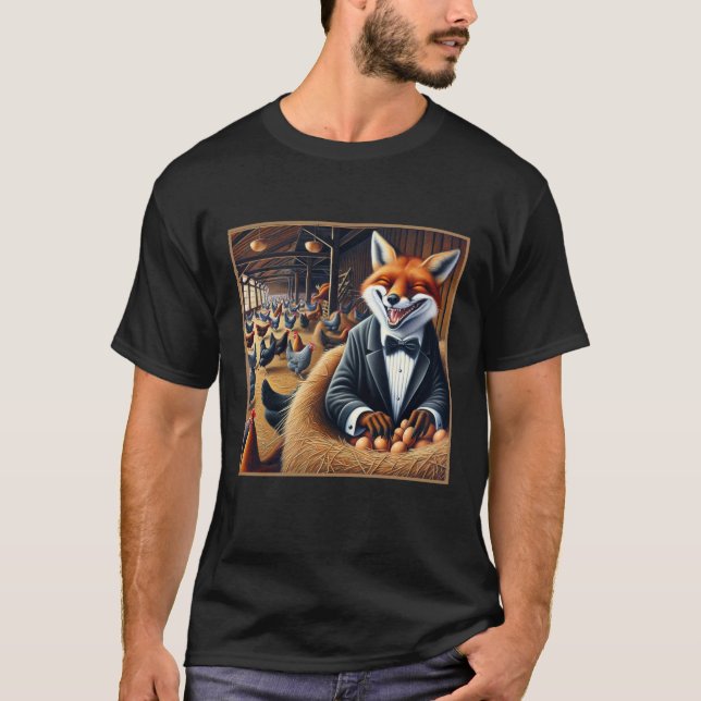 Funny Farmhouse Art Fox in Hen House Stealing Eggs T-Shirt (Front)