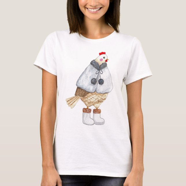Funny Fashionable Chicken in Winter Cape and boots T-Shirt (Front)