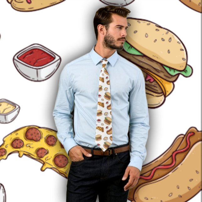 Funny Fast Food Design- Hamburgers Hot Dogs Pizza Tie (Man wearing a necktie featuring fast food- pizza, hamburger and hotdogs. Backdrop matches tie.)