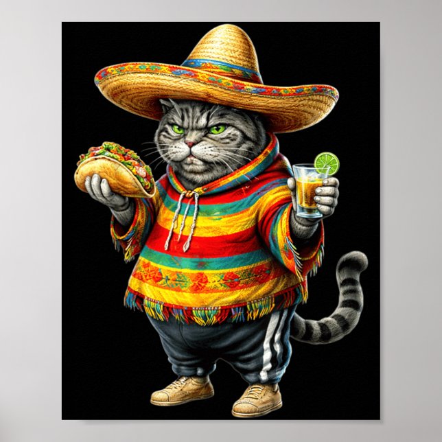 Funny Fat Cat Cinco De Mayo Fat Kitten Cat with Poster (Front)