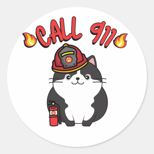 Funny Fat cat is a firefighter  Classic Round Sticker (Front)
