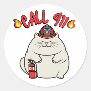 Funny Fat cat is a firefighter Classic Round Sticker