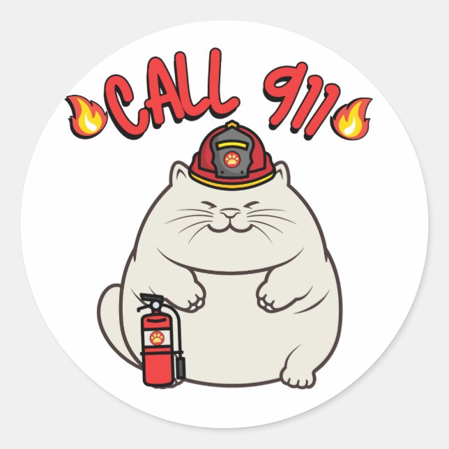 Funny Fat cat is a firefighter  Classic Round Sticker (Front)