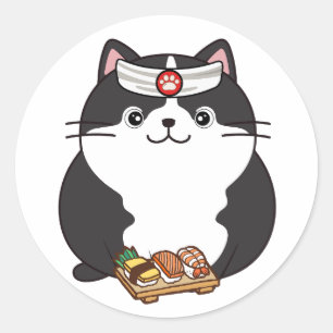 Funny fat cat is a sushi chef classic round sticker