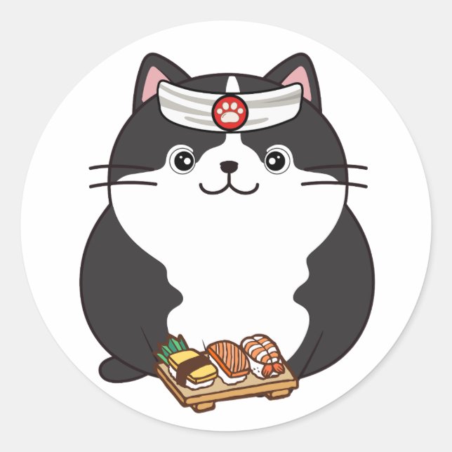 Funny fat cat is a sushi chef classic round sticker (Front)