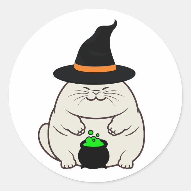Funny fat cat is a witch classic round sticker (Front)
