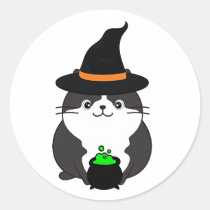 Funny fat cat is a witch classic round sticker