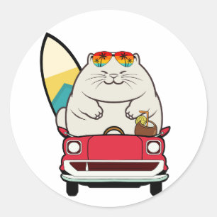 Funny fat cat is driving to the beach classic round sticker