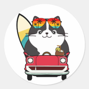 Funny fat cat is driving to the beach classic round sticker