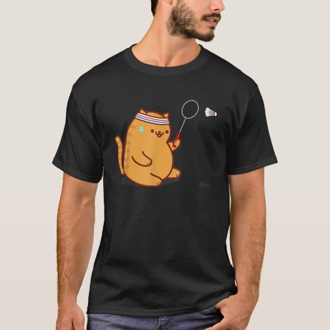 Funny Fat Cat Playing Badminton  T-Shirt (Front)