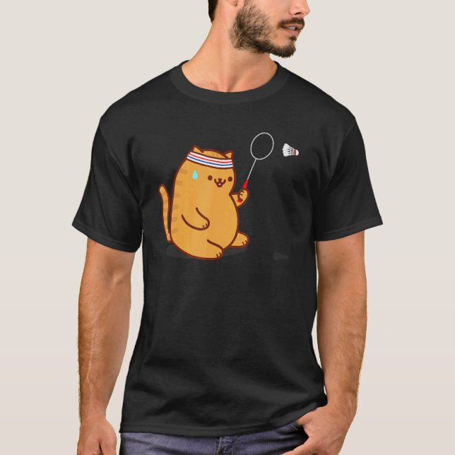 Funny Fat Cat Playing Badminton T-Shirt (Front)