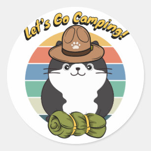 Funny fat cat wants to go camping classic round sticker