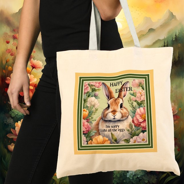 Funny Fat Easter Bunny Egg Hunt  Tote Bag (A funny tote bag featuring a fat bunny embraced by flowers. Beautiful for an Easter egg hunt.)