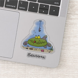 Funny fat hungry green fish fishing cartoon