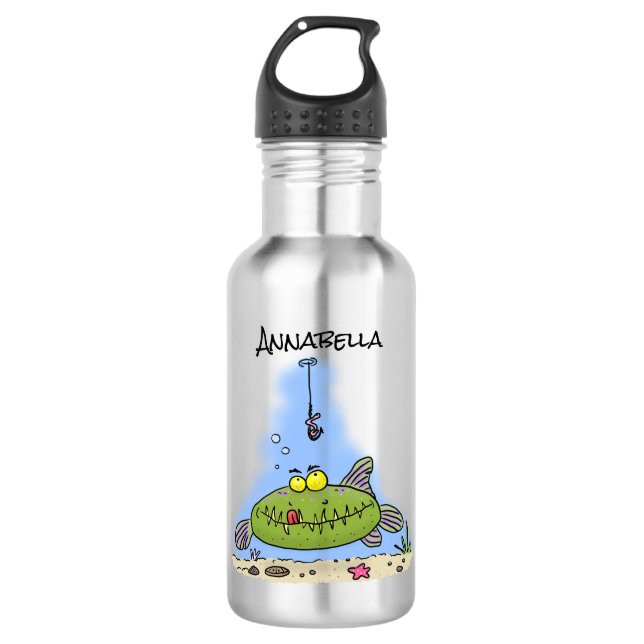 Funny fat hungry green fish fishing cartoon 532 ml water bottle (Front)