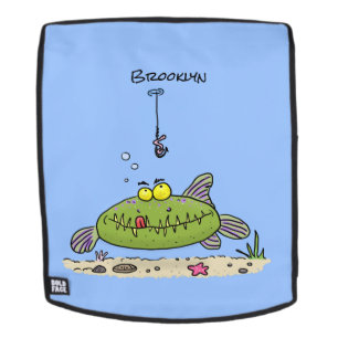 Funny fat hungry green fish fishing cartoon backpack