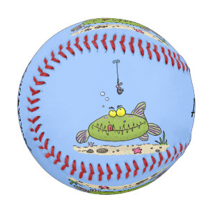 Funny fat hungry green fish fishing cartoon baseball