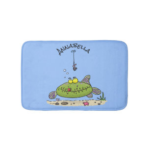 Funny fat hungry green fish fishing cartoon bath mat