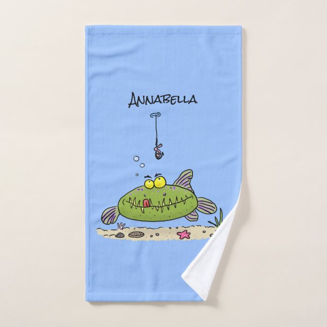 Funny fat hungry green fish fishing cartoon bath towel set (Hand Towel)