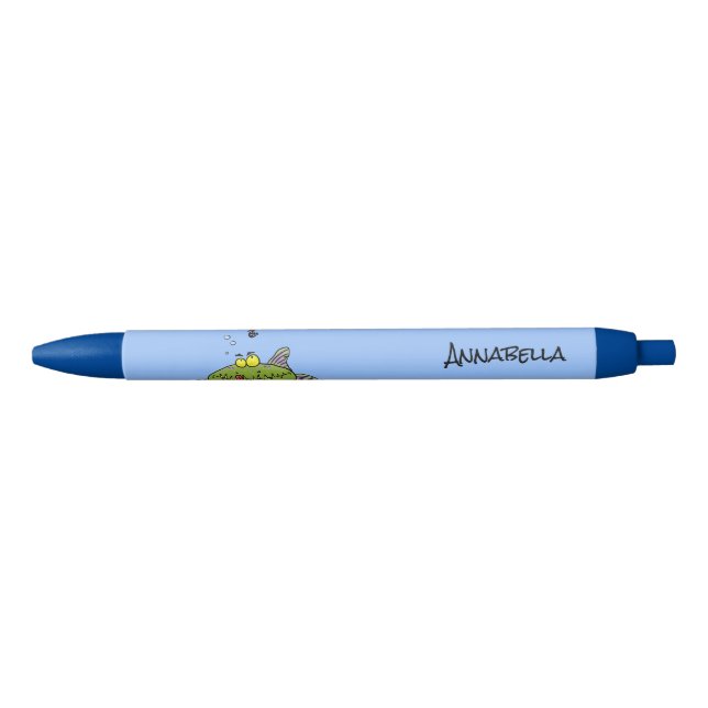 Funny fat hungry green fish fishing cartoon black ink pen (Front)