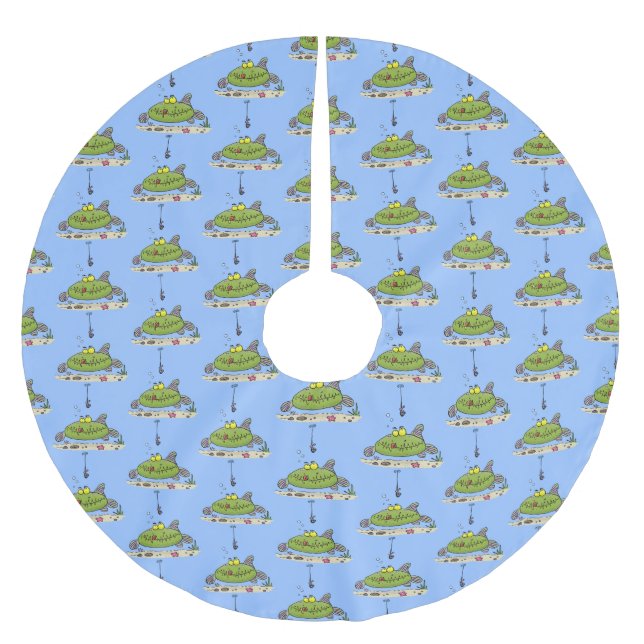 Funny fat hungry green fish fishing cartoon brushed polyester tree skirt (Front)