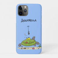 Funny fat hungry green fish fishing cartoon