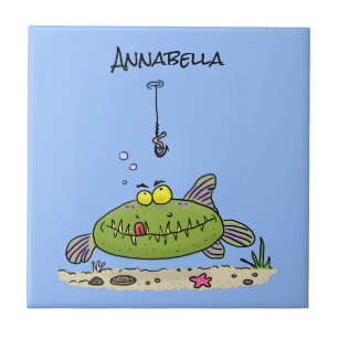 Funny fat hungry green fish fishing cartoon ceramic tile