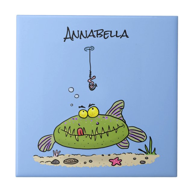 Funny fat hungry green fish fishing cartoon ceramic tile (Front)